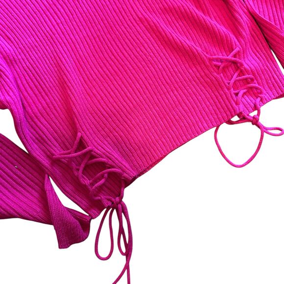 Turtleneck Fuchsia Sweater Cropped Tie Sides Ribbed Knit Office Runway 7 SZ 1X - Picture 6 of 11